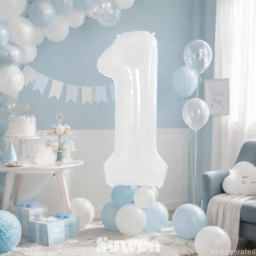 Image of SUWEN 40 Inch White Large 14 Balloon Number Big Foil Helium Numbers 0-9 | Giant Jumbo Happy 14th Birthday Party Decorations for Men or Women Huge Mylar 41 Anniversary Party Supplies