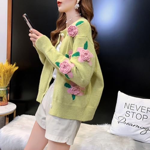Image of FindThy Women's Kawaii 3D Floral Cardigan Long Sleeve Crewneck Knit Cardigan Sweaters