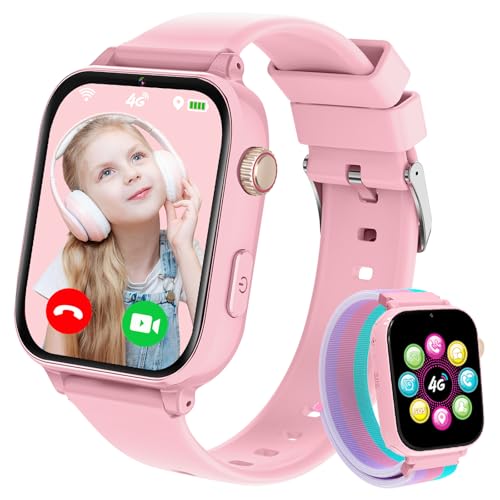 Kinder Smartwatch GPS und 4G Telefon, Kinderuhr mit Videoanruf, Voice Chat Schulmodus WiFi SOS, Spiele, Wecker, Schrittzähler, Telefonuhr Smartwatch Kinder für Mädchen Jungen 4-12 Jahren - Rosa