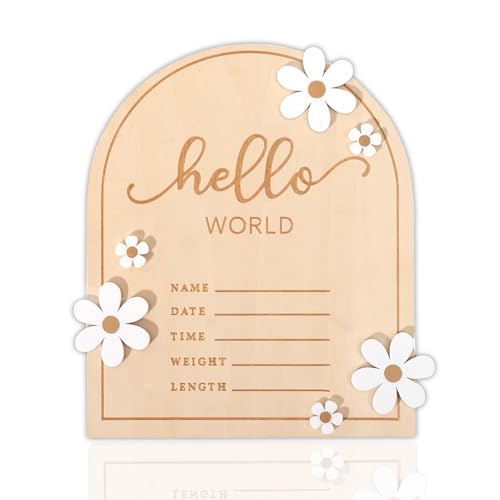 Image of ​Wooden Hello World for Baby Showers, 7.1 Inch Baby Announcement Sign, Birth Announcement Sign for Hospital Welcome Newborn Boys and Girls Shower, Nursery Hospital Information Record Board