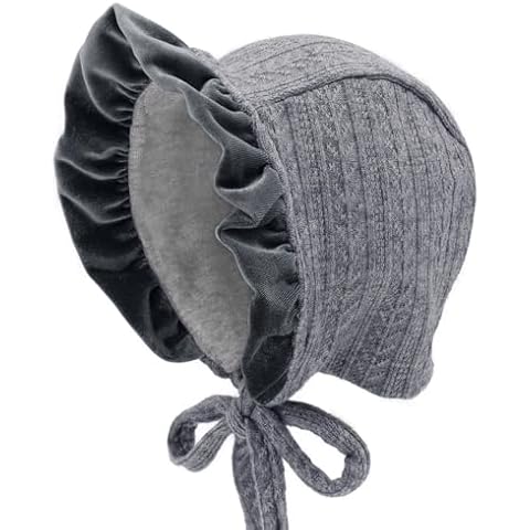 HADEEONG Baby Girls Bonnet Ultra Soft Christening Bonnet Cap Lovely Velvet Flounce Adjustable Hats 2-10 Months, Grey Cover