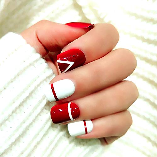 24 pieces impress nails Fake nails Japanese red and white lines fingernails finished nail patch False Coffin Shape Pre-design Full Nail Tips