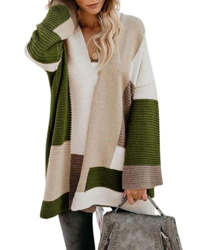Image of chouyatou Women's Fall Geometric Color Block Open Front Cardigan Sweater Elegant Casual Oversized Coatigan Coat