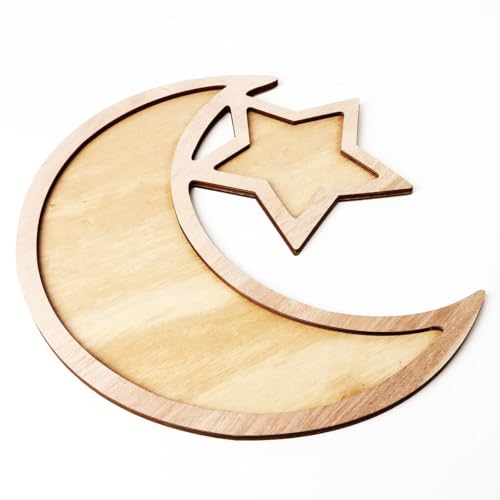 KYMY Wooden Eid Mubarak Dessert Tray,Moon Star Wooden Plate Tray for Islamic Muslim Festival Party,Dessert Food Fruit Storage Tableware for Ramadan & EID Mubarak Decorations