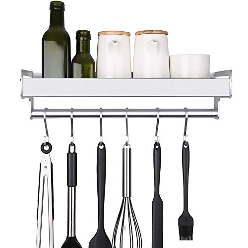 mreechan étagère de cuisine, étagère de cuisine porte-casserole organisateur de cuisine étagère à épices avec 6 crochets amovibles pour le couloir de la salle de bain de la cuisine, etc. (Silver)