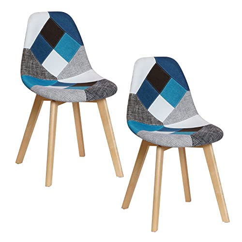 SAMPUR - lot 2 Chaise Anastasia de Salle à Manger | Chaise de Bureau et de Salon Design Rétro Scandinave Artistique et Originale | Revêtement Tissu en Patchwork et Pieds en Hêtre Massif - Bleu Cover
