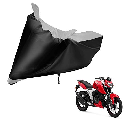 Image of Auto Hub Bike Cover Compatible with TVS Apache RTR 160 with Mirror Pocket, Dustproof, Heat Resistant, Triple Stitched, Apache 160 Bike Cover- Black, Silver