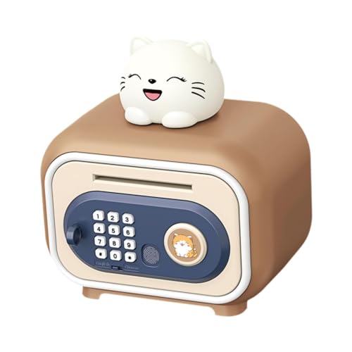 Yotijay 言語スイッチ付き子供用貯金箱 自動ロールATM貯金機 個人パスワード&シミュレーション付き 子供用, 茶色の猫