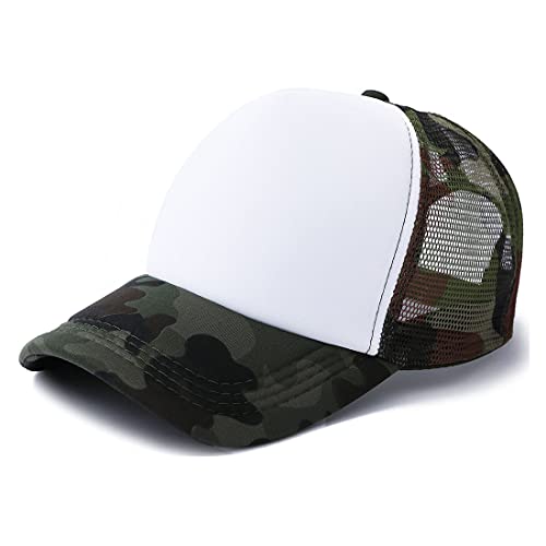 CALCA 10Pcs Camouflage Sublimation Hat Colorful Polyester Mesh Cap Sublimation Blank Cap Hat Adjustable Adult Trucker Caps for Sublimation Printing Custom (Camouflage White)