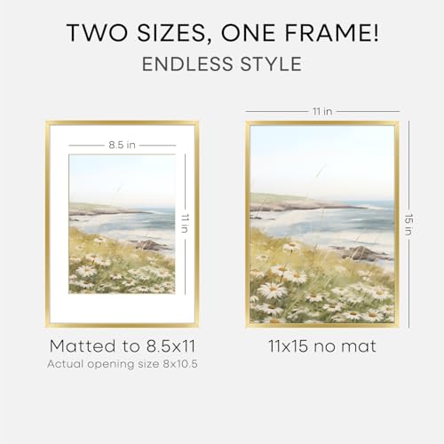Image of Homeforia 11x15 Picture Frame Gold, High End Metal 11x15 Poster Frames with Mat for 8.5x11, 11 x 15 Gold Frames Matted to 8.5 x 11 inch Photo, 11by15 Hanging Frames, Tempered Glass, Wall Kit, Set of 1