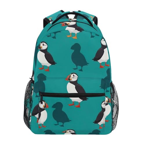 Kids Bookbag, Lightweight Travel Backpack for Boys Girls Back to School Supplies, 15L, Cartoon Puffins Teal