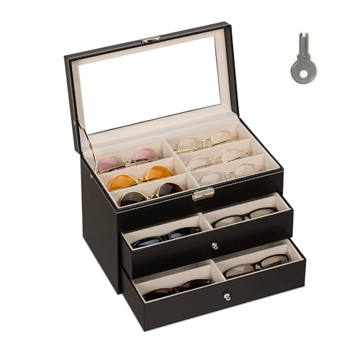 Relaxdays Porta Occhiali Multiplo, Scatola per 18 Paia, Espositore con Cassetti, HxLxP 22,5 x 33,5 x 19 cm, Nero