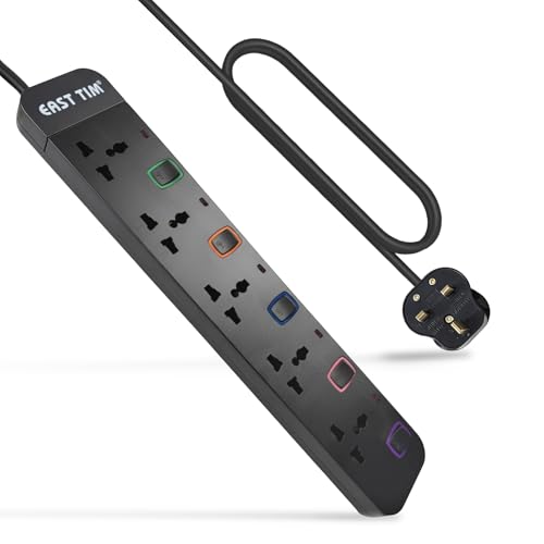 East Tim 5-Way Universal Extension Lead with Surge Protector Individual Colour Switches Power Strip, Child Safety Shutters, 2500W Max Power, 57mm Wide Spacing, 3m Cable & Type G Plug Adapter