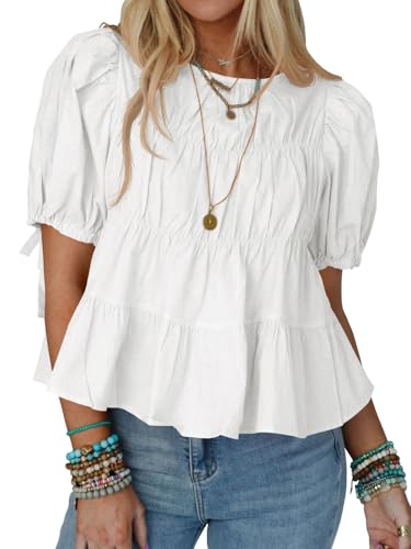 Tankaneo Damen Sommer Babydoll Tops Baumwolle Puffärmel T-Shirts Gesmokte Schößchen Bluse Casual Loose Fit Oberteile.Weiß.M