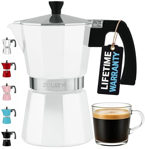 Zulay Moka Pot Espresso Stovetop Coffee Maker - Leak-Proof, Stainless Steel, Easy to Clean, Heat Resistant Handle & Knob - for Authentic Cuban & Italian Style Espresso - Makes 6 Espresso Cups - White