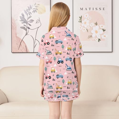 Cute Cartoon Colorful Cars Pink Summer Satin Pajama Set, Cute Button-Down Sleepwear Pj Set for Sleep Wears4