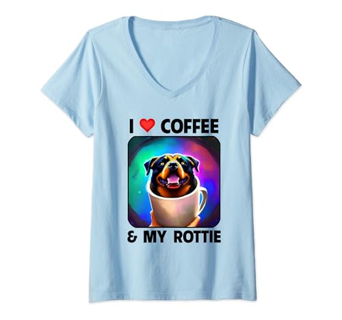 Mujer I Love Coffee and My Rottie Mom Dad Dueño de perro Rottweiler Camiseta Cuello V