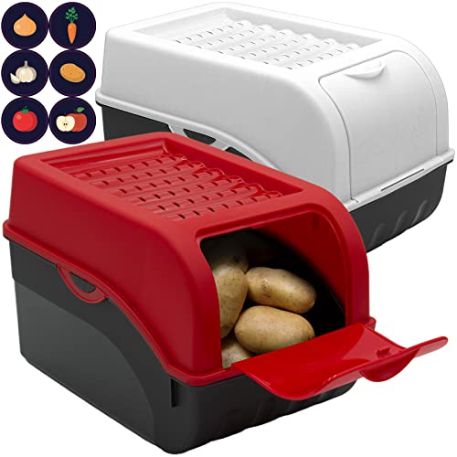 ARTECSIS Lot de 2 Boîtes de conservation alimentaire, Rouge et Blanc, pour env. 4 kg de Pommes de terre / Boite à patate en Plastique + 6 Stickers inclus / Stockage, Légumes, Fruits, Oignons, Ail Cover