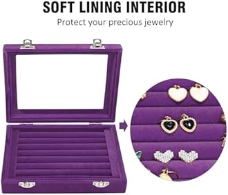 Rings Organizer Tray 7 Slots Velvet Jewelry Earring Storage Box with Transparent lid Jewelry Display Case for Girls Wife Mom Women (Purple)