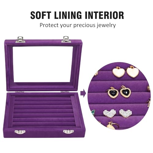 Rings Organizer Tray 7 Slots Velvet Jewelry Earring Storage Box with Transparent lid Jewelry Display Case for Girls Wife Mom Women (Purple)