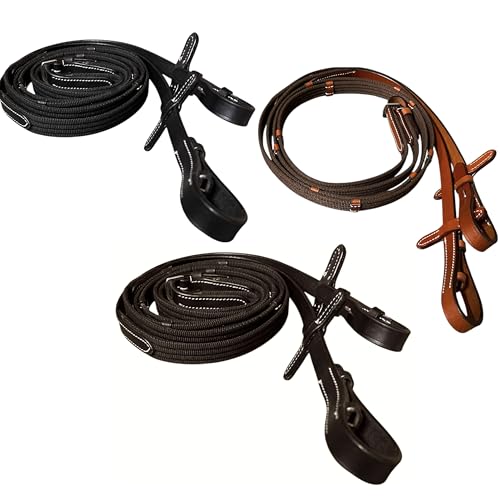 Majestic Ally Horse Reins, Full Size, English Riding, Multiple Styles and Colors (Leather Ribbed PMC Reins, Black, Full)