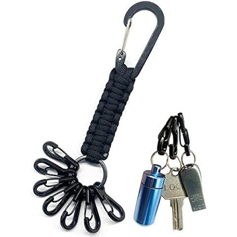 EFFIET Mini SF Alloy Carabiner Clip, Tiny Spring Snap Hook Carabiners for Backpack Bottle Using Keychains Accessories (6pcs Black SF Clip + 1pc Paracord Keychian) Cover