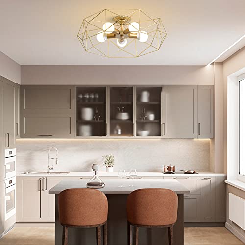 Kco Lighting Modern Gold Flush Mount Ceiling Light Fixture 5-Light Metal Cage Semi Flush Mount Ceiling Light Industrial Farmhouse Ceiling Lamp In Brushed Brass Finish #TOP6