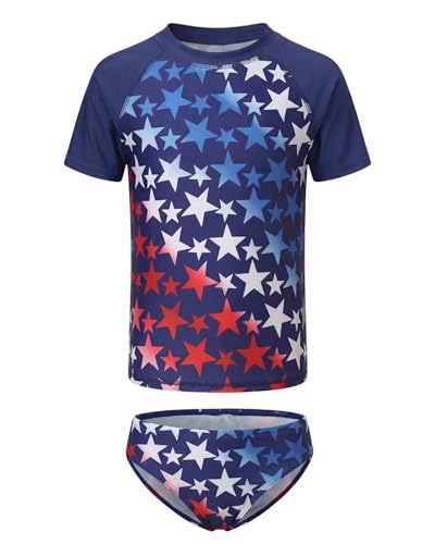 Image of Girls Two Piece Rash Guard Swimsuits Set Short Sleeve Bathing Suit for Kids Hawaiian Swimwear Set 3-16 Years