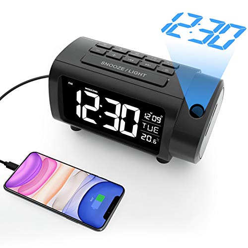 Radio Réveil à Projection, Liorque Horloges à Projection 180° Reveil Projecteur FM avec Alarme, Grand Affichage VA, 4 Niveaux de Luminosité de l'écran, Numérique USB, Fonction Snooze, 12/24H