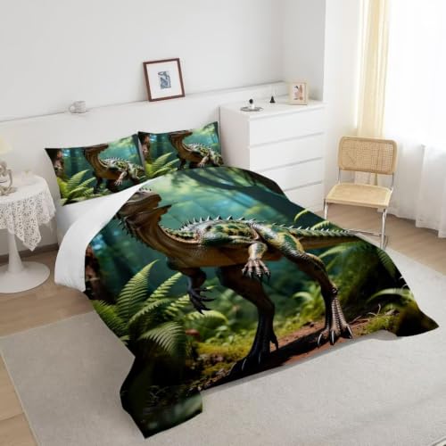 Image of Jungle Dinosaur Comforter Set Full Size Boys Kids Teens Bedding Set | Green Rainforest Forest 3 Piece Bed Sets for Boys Teens, 1 Comforter 2 Pillowcase, Room Decor Soft Microfiber All Season