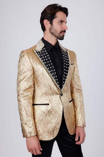 Barabas Men's Shiny Crystals Beads Rhinestone Peak Lapel Blazer 2EBL11 Gold 2XL4