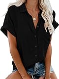 APRAW Womens Casual Short Sleeve Button Down Shirts Summer Cotton Plain Top Blouses with Pockets Black