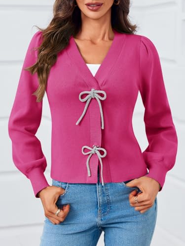 Image of Saodimallsu Womens Bow Button Front Cardigan Sweaters V Neck Cropped Knit Sweater