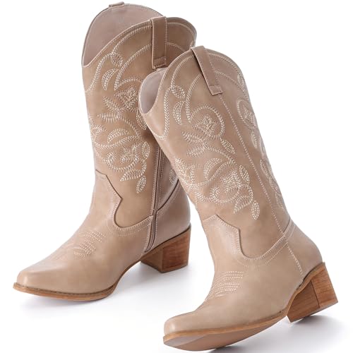Image of IXU Cowboy Boots For Women Wide Calf Pointy Toe Cowgirl Boots