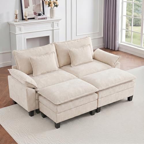 Image of IPKIG 82.3 inch Modular Cloud Couch with Storage, U Shaped Sectional Sofa with Ottoman & Pillow, Chenille Deep Seat Sectional Couches for Living Room, Apartment, White