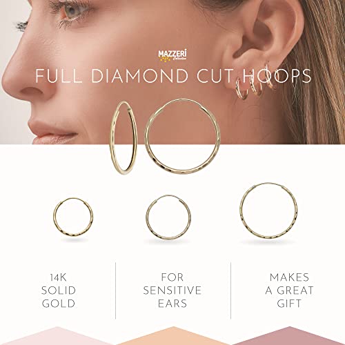 MAZZERI 14k Diamond Cut Gold Hoop Earrings, 1-mm, Hypoallergenic, Round Endless Closure Hoops for Pierced Ears4