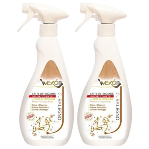 CURA LEGNO, Latte Detergente Igienizzante Con Cera Di Carnauba. Profumo Di Lunga Durata, Nutre e Rigenera, Azione Antistatica, Lucida e Protegge 500ml (2 Spray)