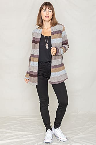 Image of Eloges Women's Multi Stripe Soft Knit Open Cardigan with Suede Elbow Patch