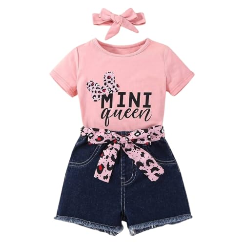Image of Kids Toddler Girls Summer Clothes Leopard Butterfly Print T-Shirt + Belted Denim Jeans Shorts 3PCS Outfits