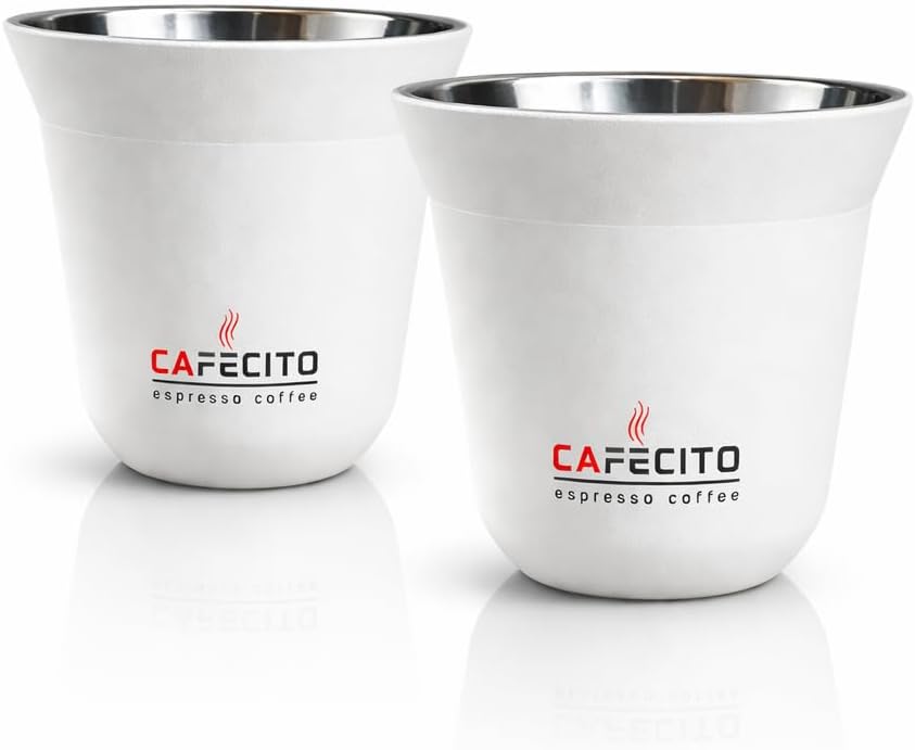 CAFECITO® Double Wall Stainless Steel Espresso Cups – Set of 2 – Matte White Finish – Insulated Demitasse Cups for Cafecito & Espresso – Elegant & Durable Gift Set