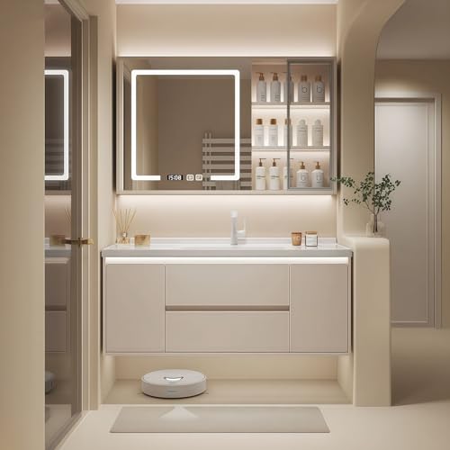Modern Wall Mounted Floating Bathroom Vanity with Integrated Ceramic Sink, No Assembly Required, Hanging LED Intelligent Lighted Sensor and Demisting Mirror, Cabinet Spaces