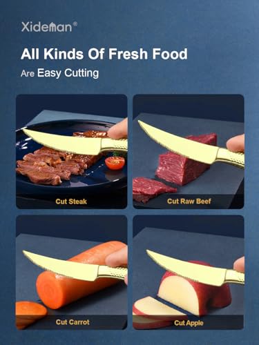 Xideman 16-Piece ​Modern Champagne Gold Hammered Silverware Set with Ultra Sharp 2-IN-1 Serrated Knive, Golden 18/10 Stainless Steel Flatware Set, Utensil Cutlery Set for 4 Person, Forks Spoons Knives