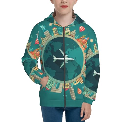 Around The Planet Kid Hoodies Boys Zip Up Sweatshirts Girls Pullover with Pocket3