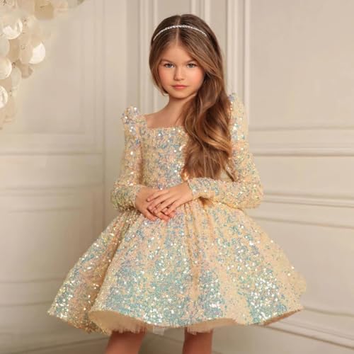 RYANTH Sequin Pageant Dresses for Girls Long Sleeve Flower Girl Dress Short First Communion Dress with Bow Knot4