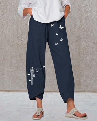 Womens Summer Casual Cotton Linen Floral Print Pants Fashion Plus Size Solid Color Baggy Lounge Pants with Pockets3