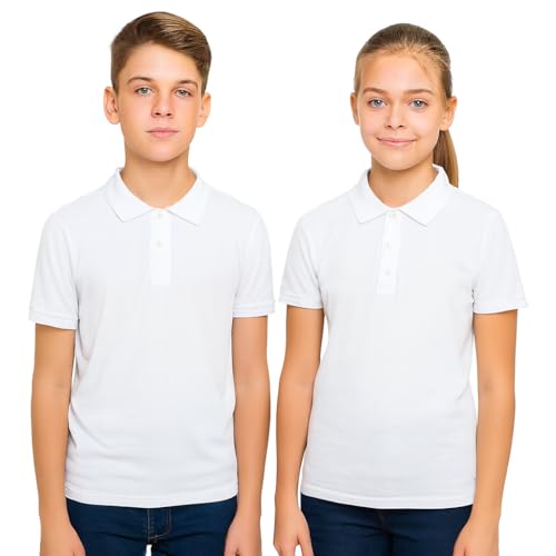 SMNS Pack of 2 Boys Girls School Uniform Polo White Plain Short Sleeve Shirts Sports Wear (13 to 14 Years, White)