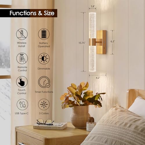 Image of Crystal Battery Operated Wall Sconce, Gold, Set of 2 | Wireless Rechargeable, Remote Control, 3000-6000K, 350 Rotate LED Dimmable, Cordless