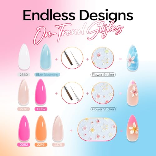 Image of Modelones Gel Nail Polish Set, 6 Colors 2026 Summer Clear Blue Blooming Gel Polish Creamy White Pastel Yellow Pink Orange Nude Jelly Nail Polish W Flower Stickers & Liner Nail Brush LED DIY Gift