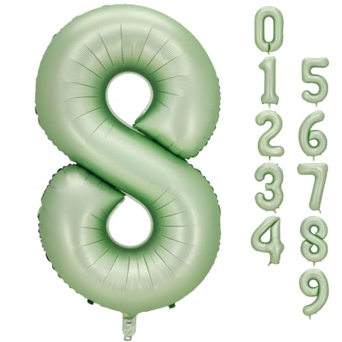 Azinoo 40 inch Sage Green 8 Number Balloons， Foil Number 0-9 Large Number for Birthday Party Supplies Decorations，Baby Showers, Princess Celebrations ，Women's Anniversaries, Sage Green 8