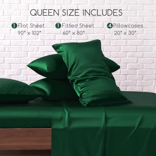 Image of MR&HM Satin Bed Sheets, Queen Size Sheets Set, 6 Pcs Silky Bedding Set with 15 Inches Deep Pocket for Mattress (Queen, Dark Green)